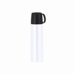 A drink bottle in white with a black lid and handle, featuring a logo on the side.