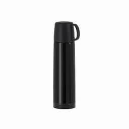 A black drink bottle with a sleek design and a handle for easy carrying. It features a lid for secure closure.