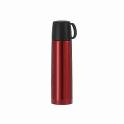 A drink bottle in a shiny red finish with a black lid and carrying handle. It features a sleek design.