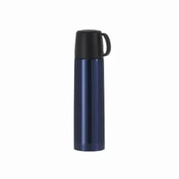 A drink bottle in a deep navy blue colour with a black cap and handle, featuring a logo on the side.