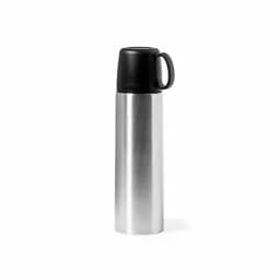 A silver drink bottle with a black lid and handle, featuring a sleek metallic finish.