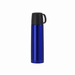 A drink bottle in bright blue with a black lid and handle, featuring a sleek, shiny finish and a logo.