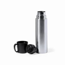 A stainless steel drink bottle in silver with a black lid and a black cup beside it. The bottle has a logo.
