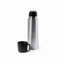 A stainless steel drink bottle with a black cup, featuring a sleek metallic finish and a black lid.