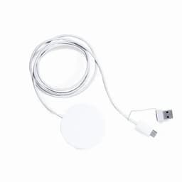 A charging cable with a round white disc and a USB connector, featuring a white cord.