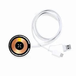 A magnetic charging dock with a circular design, featuring a gold and black finish, attached to a USB cable.