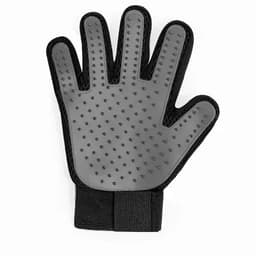 A pet grooming glove with a grey rubber surface and black mesh backing, featuring raised bumps for tactile use.