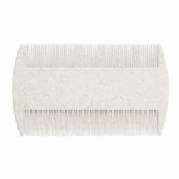 A white comb with a rounded shape and fine teeth, featuring a textured handle.