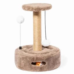 A cat tree in beige with a circular base, scratching post, and hanging toys for play. Features a hidden toy inside.