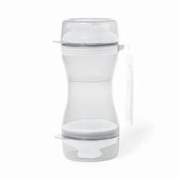 A drink bottle with a transparent design, featuring a two-chamber structure and a carrying strap.