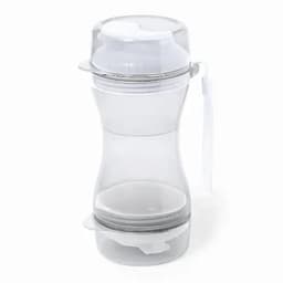 A drink bottle in clear plastic with a curved design, featuring a lid and a strap for easy carrying.
