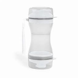 A drink bottle with a transparent body and white accents, featuring a logo and an attached strap.