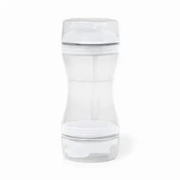 A drink bottle in clear plastic with a white lid and a sleek, curved design.