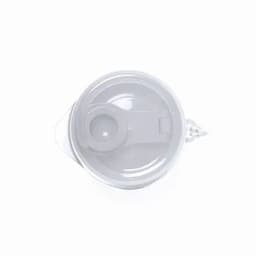 A drink bottle in transparent plastic with a white cap and a round opening for easy pouring.