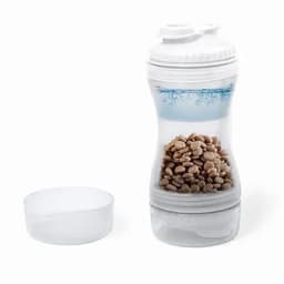 A drink bottle in white and clear, featuring a compartment filled with beans and a removable cap.