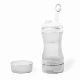 A drink bottle in clear plastic with a white lid and a detachable container. It features a finger loop for easy carrying.