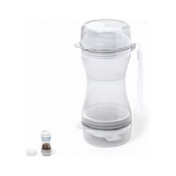 A drink bottle with a clear body, grey accents, and a detachable compartment for storing items. It features a logo.