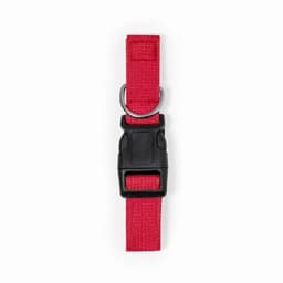 A red strap featuring a black buckle and D-ring for secure fastening. It has a sturdy woven design.