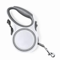 A retractable dog lead in white and grey, featuring a handle and a metal clip for attaching to a collar.