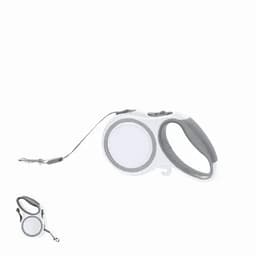A dog leash with a retractable design, featuring a grey and white handle, and a sturdy clip for attachment.