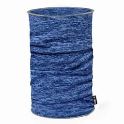 A drink bottle in shades of blue, featuring a textured fabric design and a small branding tag.