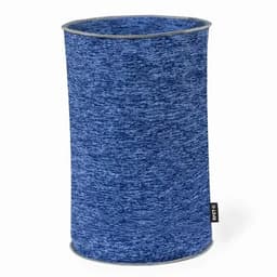 A drink bottle holder in a textured blue fabric, featuring a branding label on the side.