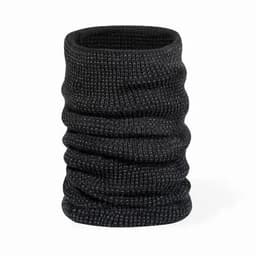 A black knitted neck warmer featuring a textured design and a flexible, stretchy fit.