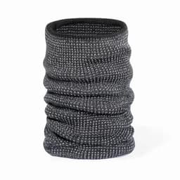 A dark grey knitted neck warmer with a textured pattern, featuring a stretchy, tubular design.