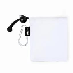 A small white pouch with a drawstring and a silver carabiner attached, featuring a branding tag.