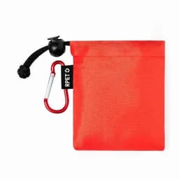 A red pouch featuring a drawstring closure and a carabiner, with a logo tag on the side.