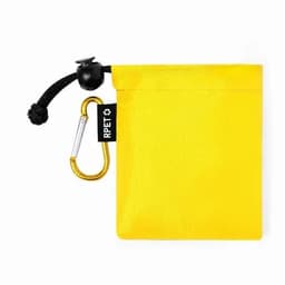 A yellow pouch with a drawstring closure, featuring a carabiner and a logo.