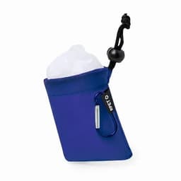 A drink bottle in a blue pouch with a carabiner clip and a drawstring closure.