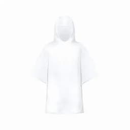 A white poncho with a hood, featuring short sleeves and a loose fit. It has a simple design without any visible branding.
