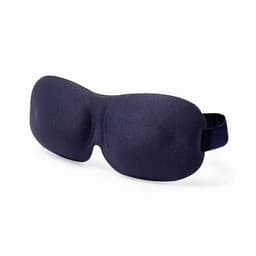 A sleep mask in dark navy colour with a soft, contoured design and adjustable strap. It features a logo.
