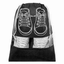 A drawstring bag in black with a shoe print design on the front and a transparent panel at the bottom showcasing white sneakers.