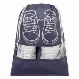 A drawstring bag in navy with a white shoe print, featuring a transparent section revealing the shoes inside.