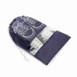 A shoe storage bag in navy with a transparent section, featuring a design of sneakers on the front.
