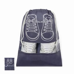 A drawstring bag in navy blue with a design of white sneakers on the front and a clear section at the bottom.