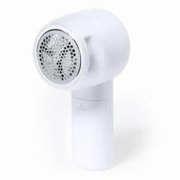A white handheld device with a circular head featuring a perforated surface, likely a hairdryer or styling tool.
