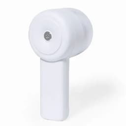 A white wireless earbud with a sleek design and a small button on the side. It features a branding logo.