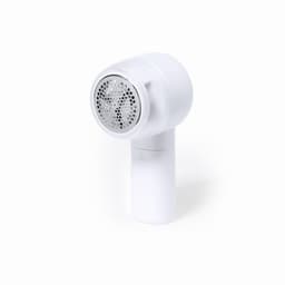 A fabric shaver in white, featuring a round head with a grid pattern for removing lint and fuzz from garments.