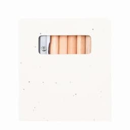 A pack of four wooden coloured pencils in a white container with a small viewing window.