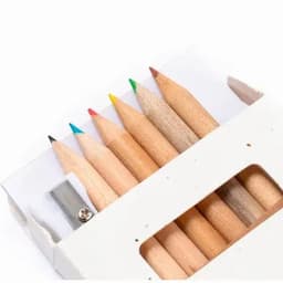 A set of coloured pencils featuring red, yellow, green, blue, and black tips in a white packaging with a sharpener.