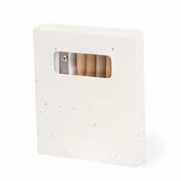 A box containing coloured pencils, featuring a white exterior with a transparent window showing the pencils inside.