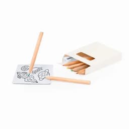 Coloured pencils in a white box, featuring a light wood finish, alongside a drawn design on a square piece of paper.