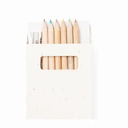 A set of coloured pencils in a white case, with tips in various colours, and a built-in sharpener.