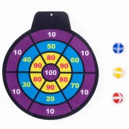 A dartboard with concentric coloured rings in blue, yellow, purple, and a mix of scores, accompanied by three small balls.