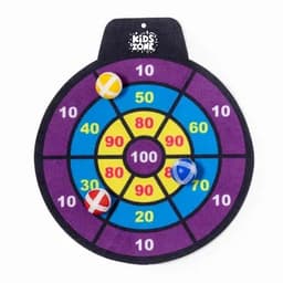 A dartboard with vibrant blue, yellow, and purple sections, featuring three colourful soft balls.