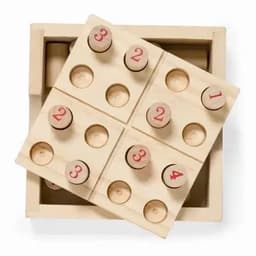 A wooden number sorting game with six compartments and numbered pieces, featuring a natural wood finish.