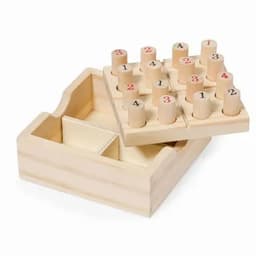 A wooden number stacking toy in a light finish, featuring numbered pegs and a storage box.